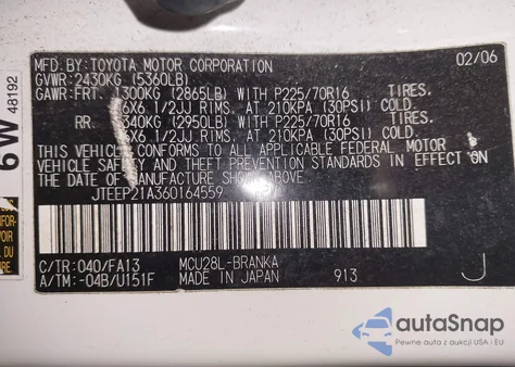 2006 Toyota Highlander V6 z USA, uszkodzony, nr VIN JTEEP21A360164559